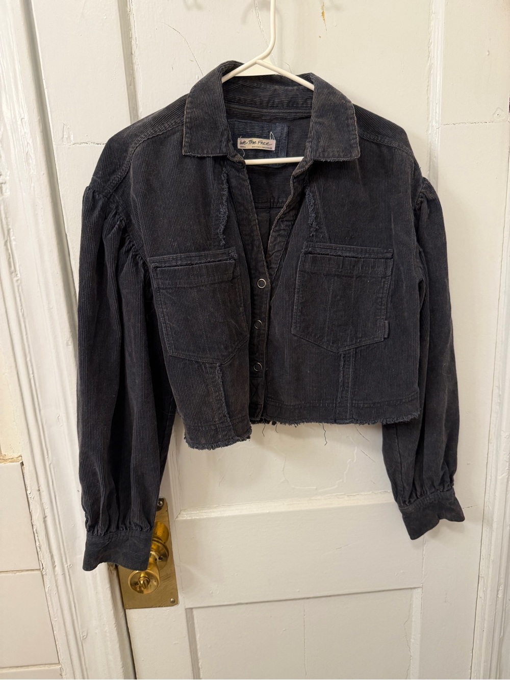 Cropped Corduroy Button-Front Shirt Jacket - navy free people